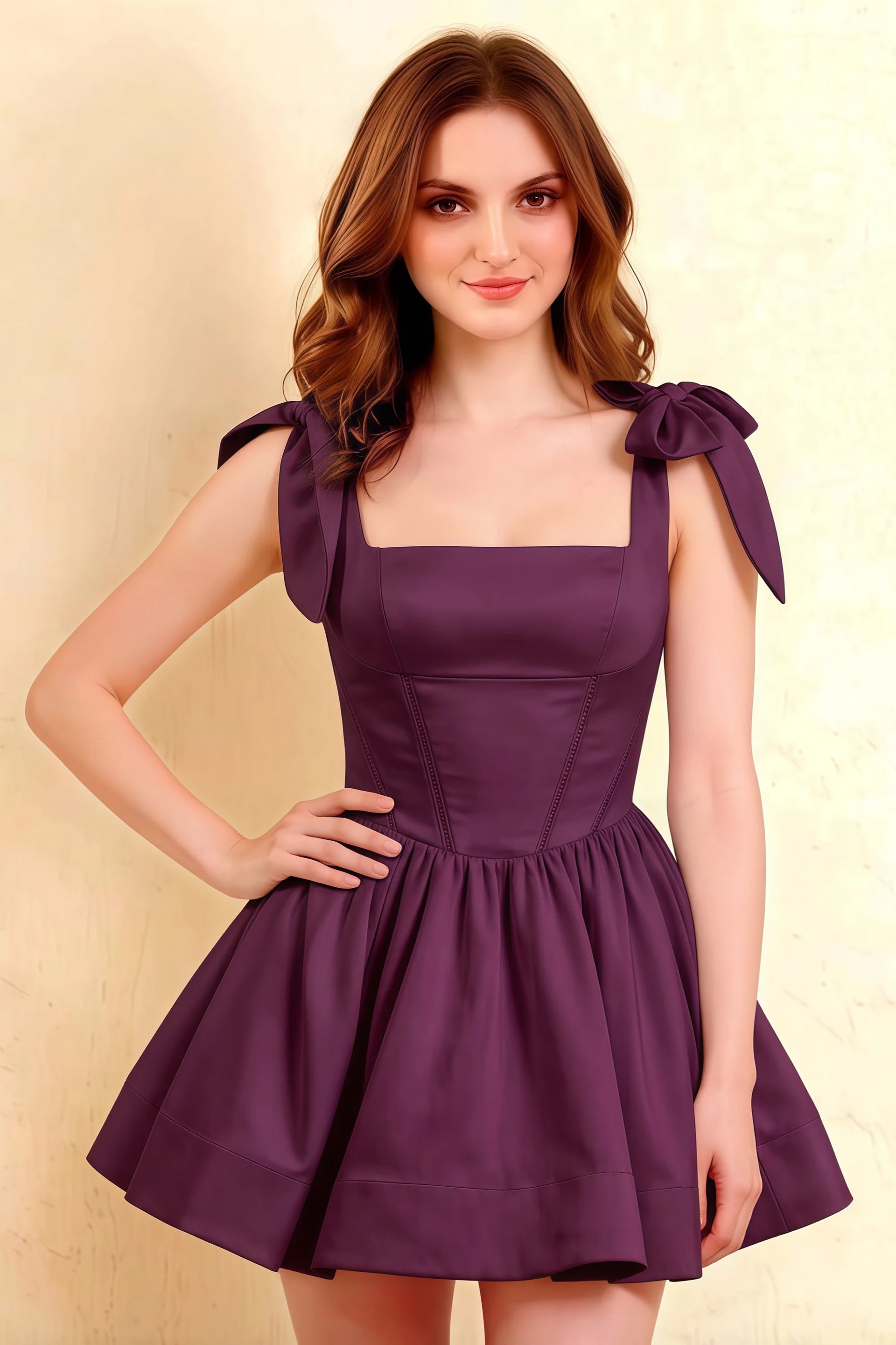 Cassandra Grape Bow Straps Mini Skater Dress with Square Neckline