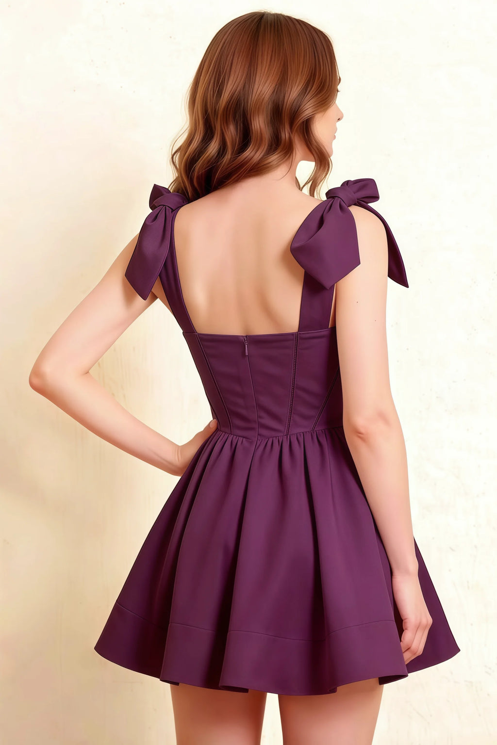 Cassandra Grape Bow Straps Mini Skater Dress with Square Neckline