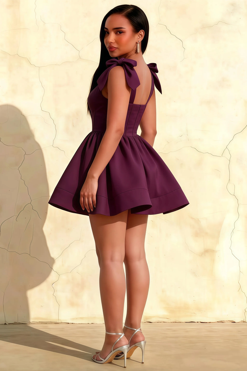 Cassandra Grape Bow Straps Mini Skater Dress with Square Neckline