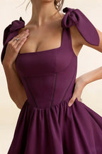 Cassandra Grape Bow Straps Mini Skater Dress with Square Neckline