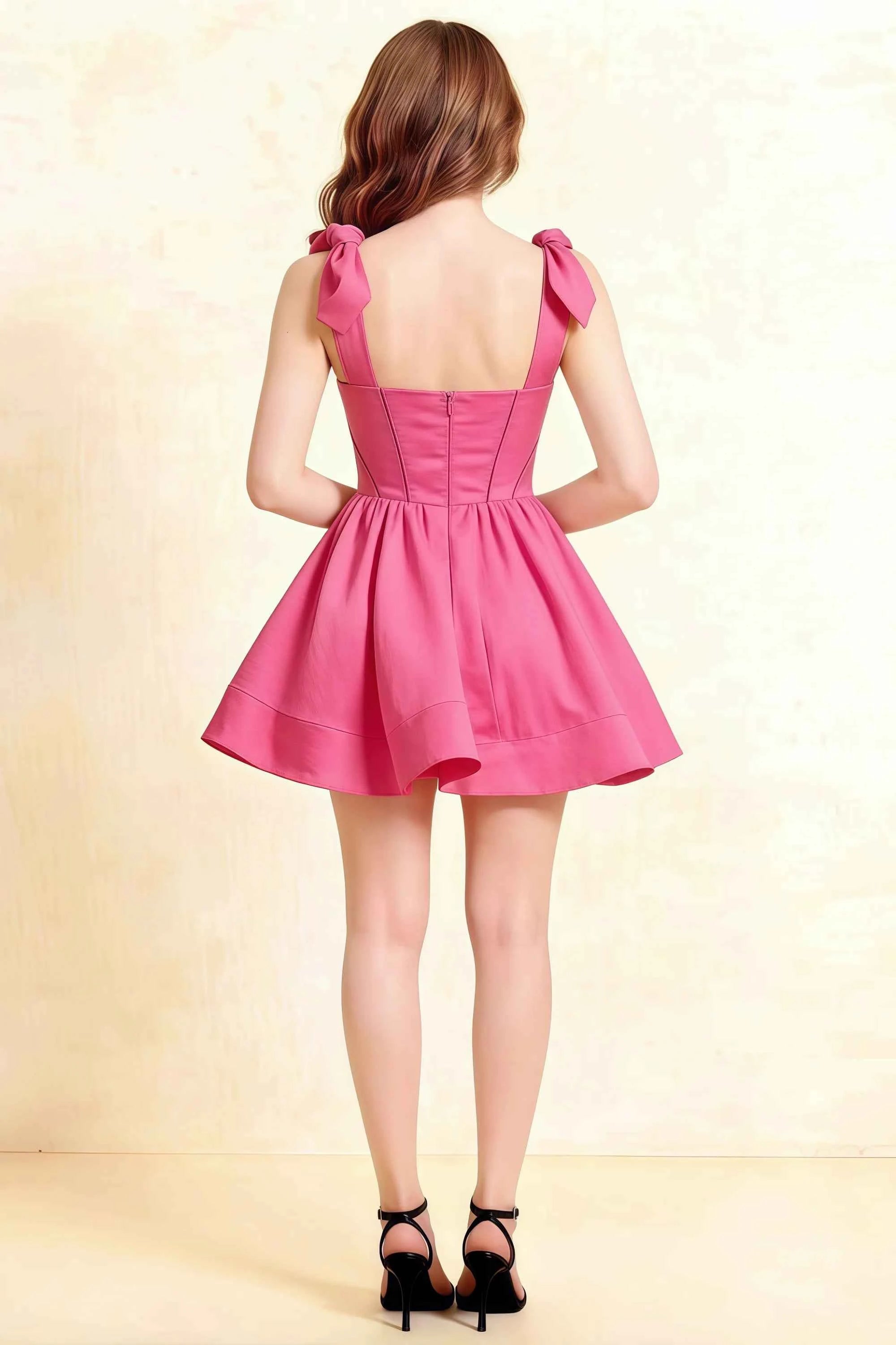 Cassandra Hot Pink Bow Straps Mini Skater Dress with Square Neckline Imagen secundaria del producto