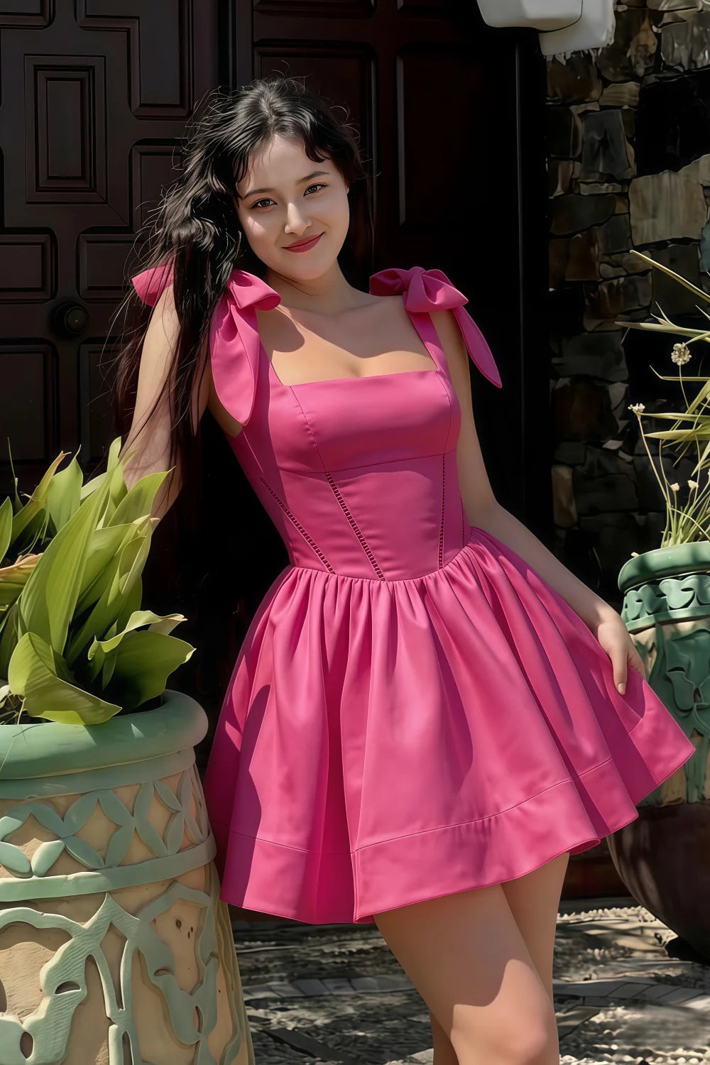 Asian woman wearing LVLVS Cassandra hot pink bow strap skater dress for outdoor brunch and casual going out