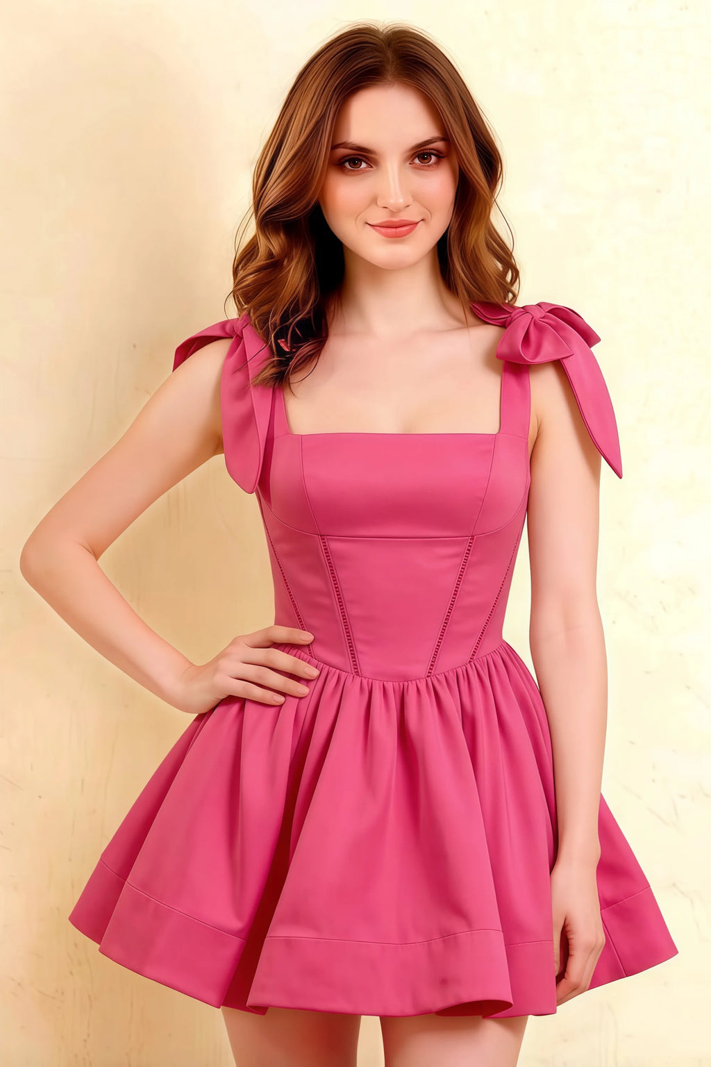 Close up of LVLVS Cassandra hot pink bow shoulder straps dress with square neckline for party wear