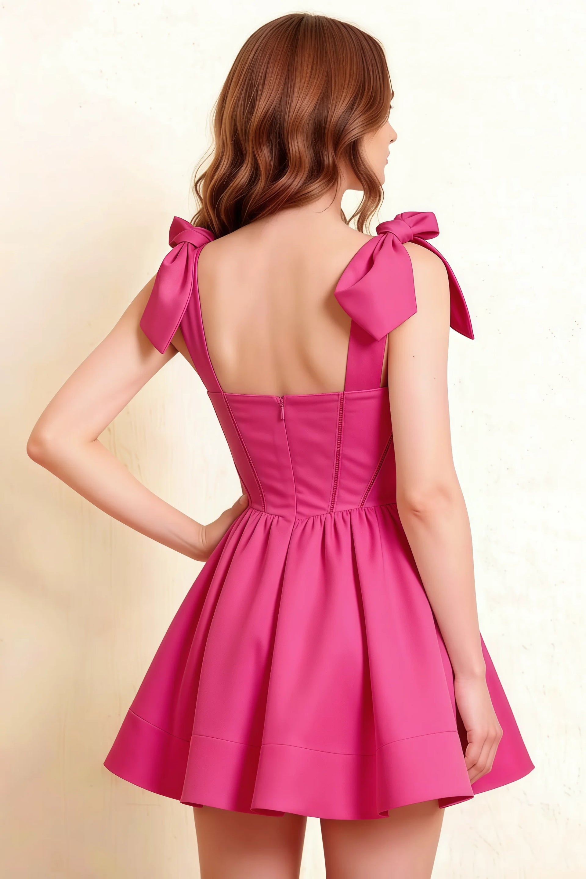 Side back view of LVLVS Cassandra hot pink open back dress with bow details for semi-formal wedding guest