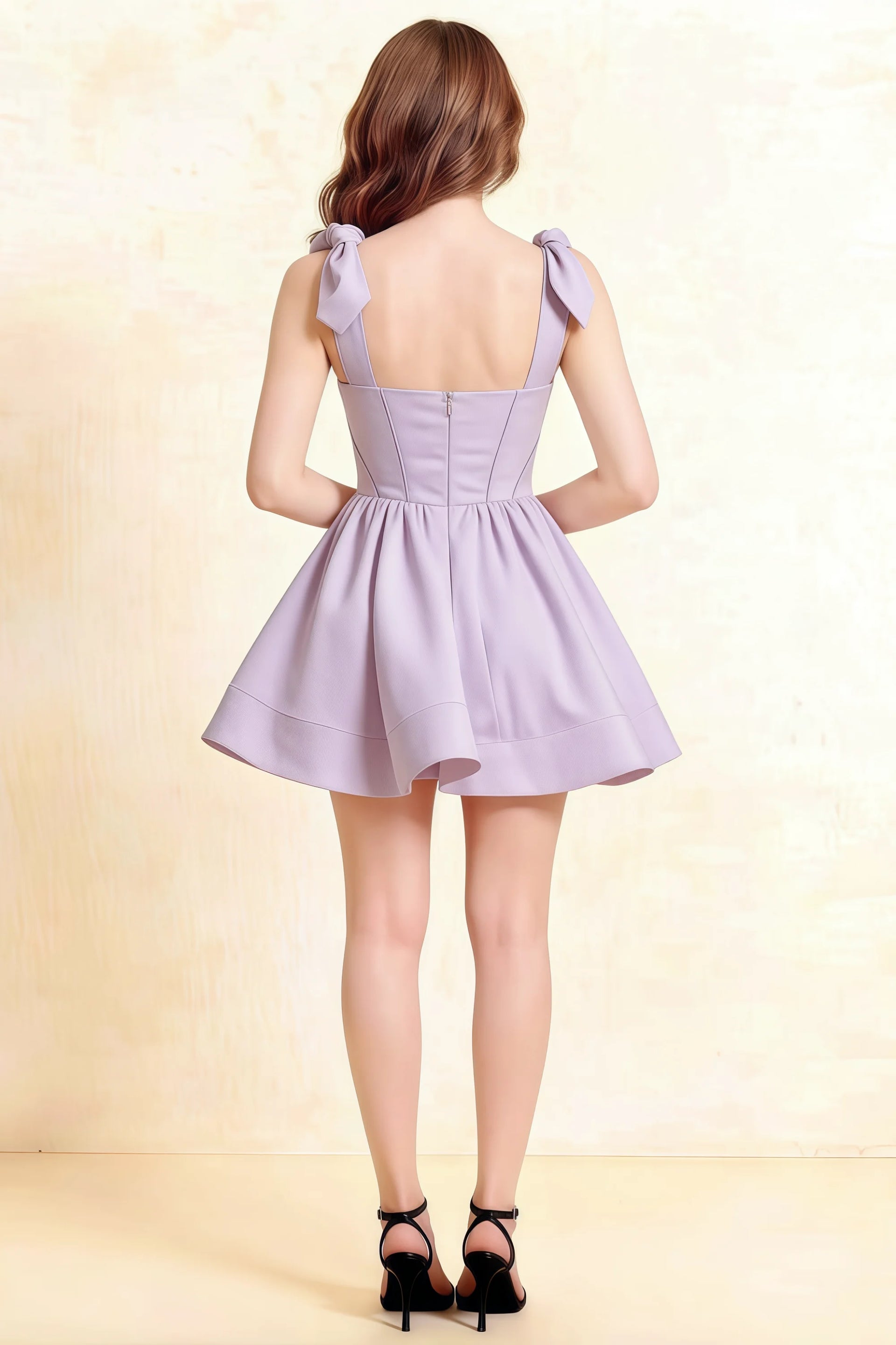 LVLVS Cassandra Lavender Bow Straps Mini Skater Dress Back View | Stretch Crepe Open Back Prom Homecoming Semi-Formal Dress with Square Neckline