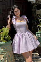Real Customer Wearing LVLVS Cassandra Lavender Bow Straps Mini Skater Dress | Stretch Crepe Casual Going Out Day Party Look with Square Neckline