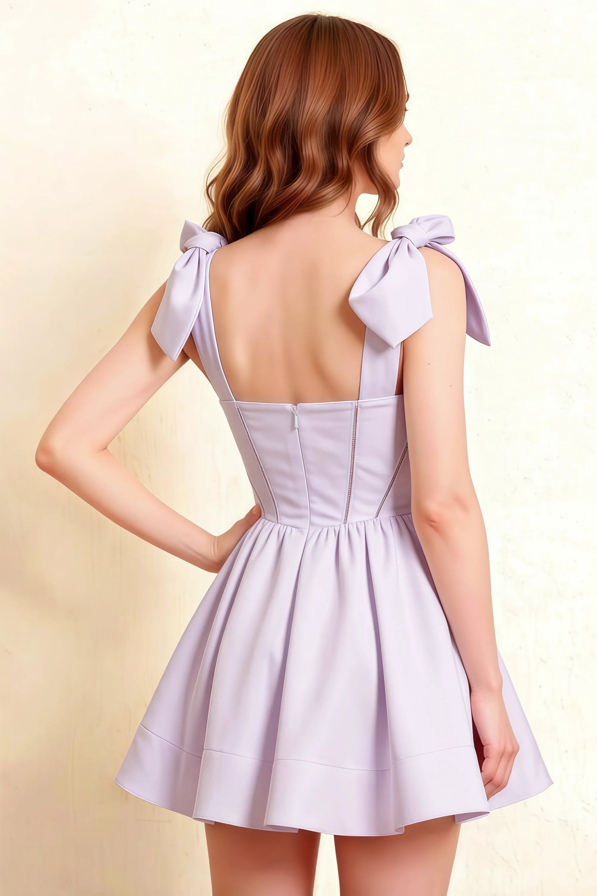 Back Detail LVLVS Cassandra Lavender Bow Straps Mini Skater Dress | Stretch Crepe Open Back Square Neckline for Prom Homecoming Semi-Formal Occasions