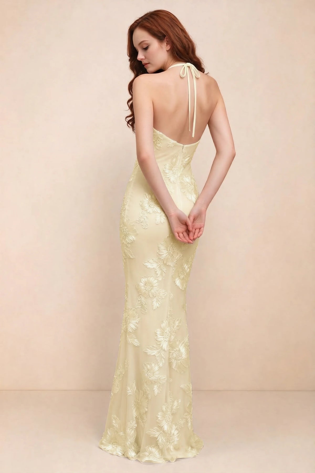 Cassandra Lemon 3D Floral Halter Mermaid Maxi Dress