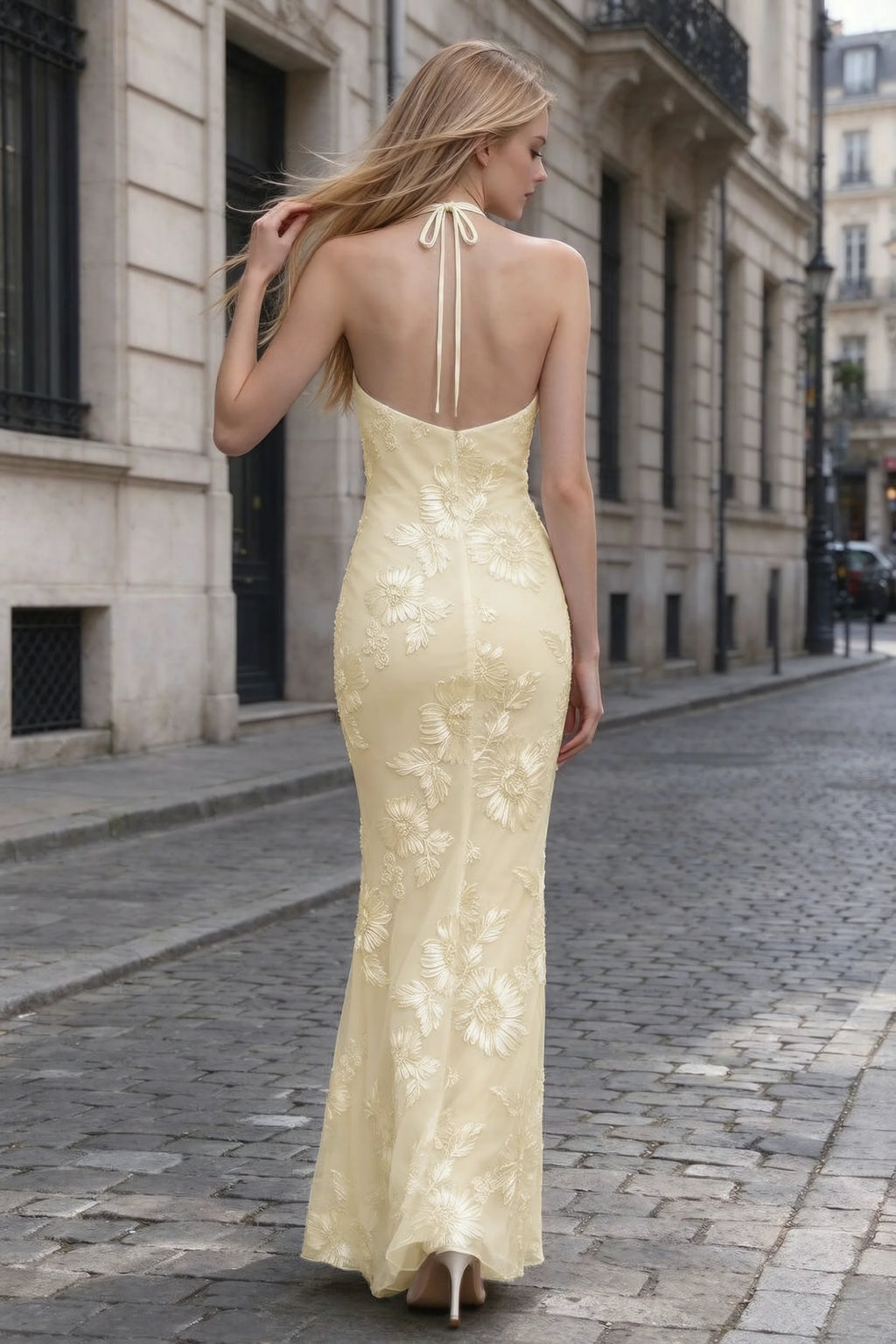 Cassandra Lemon 3D Floral Halter Mermaid Maxi Dress