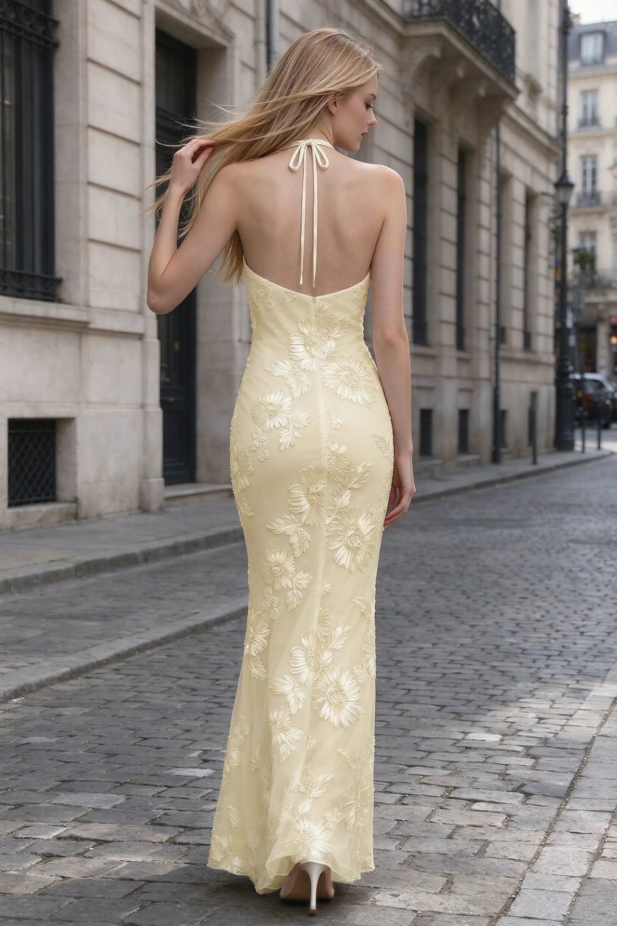 Cassandra Lemon 3D Floral Halter Mermaid Maxi Dress
