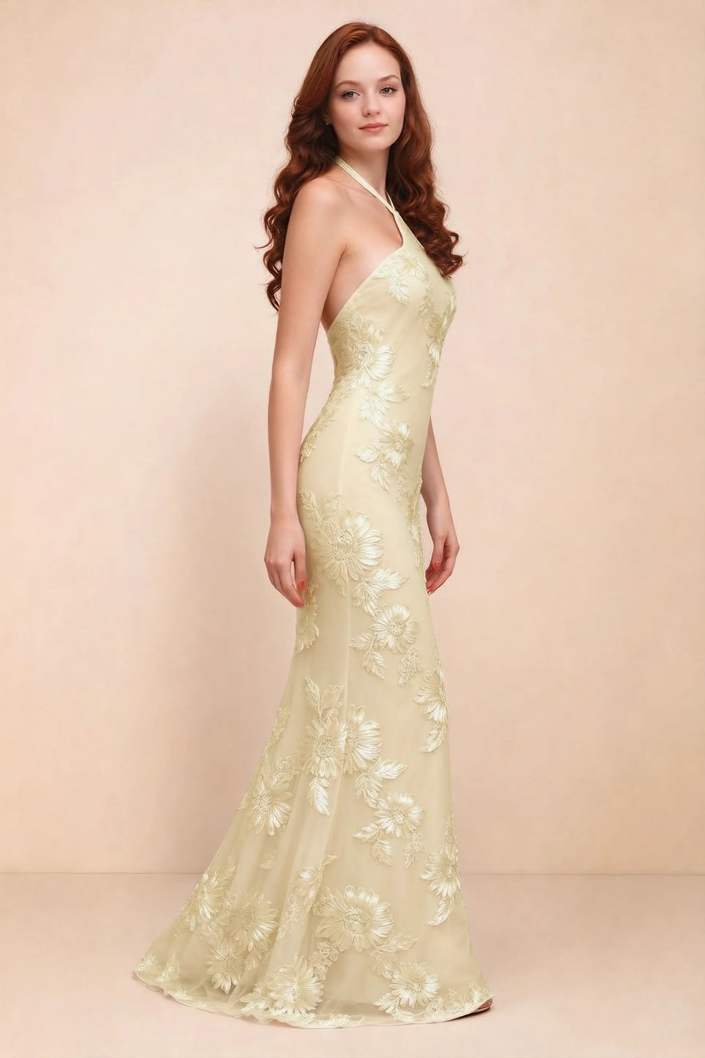Cassandra Lemon 3D Floral Halter Mermaid Maxi Dress