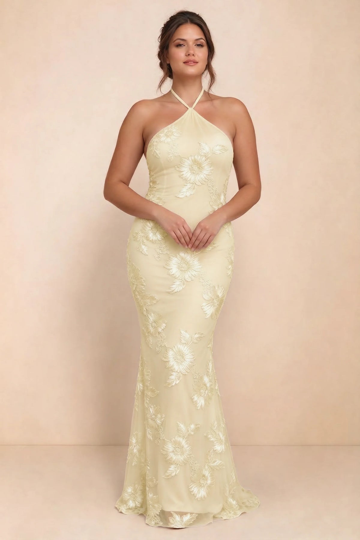 Cassandra Lemon 3D Floral Halter Mermaid Maxi Dress