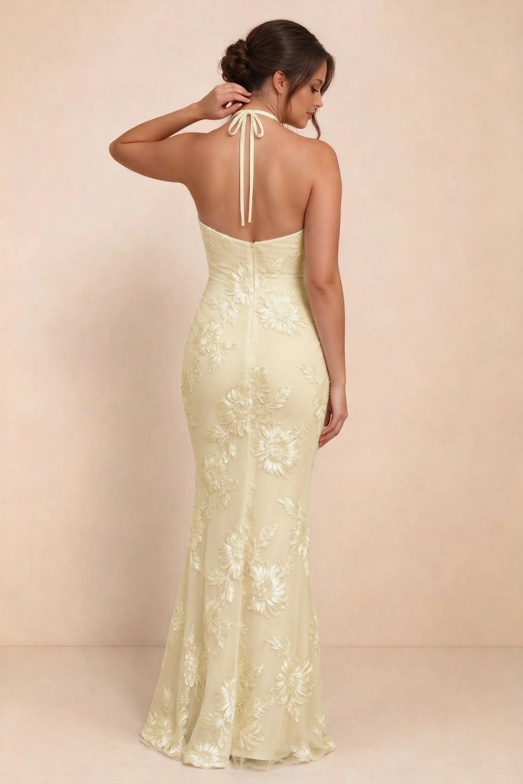 Cassandra Lemon 3D Floral Halter Mermaid Maxi Dress