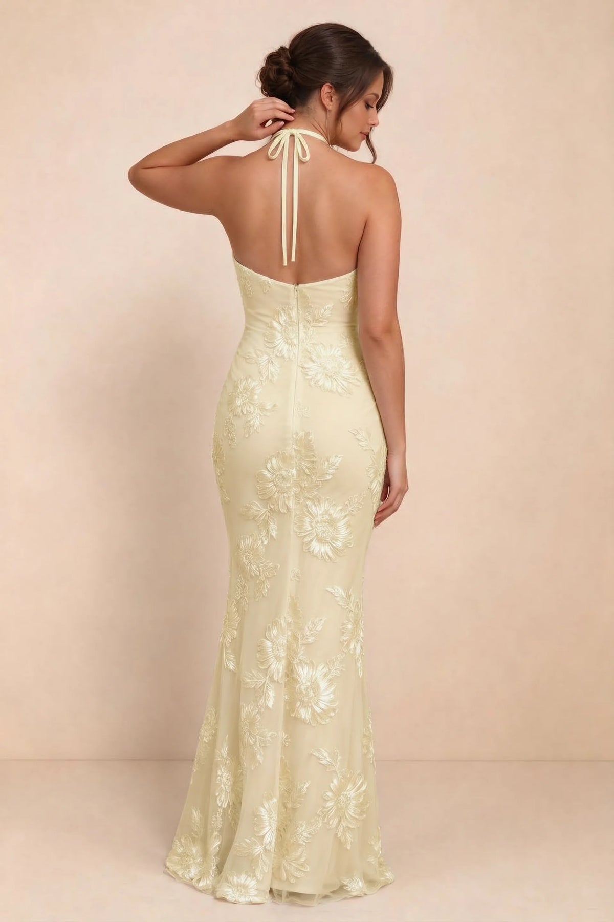 Cassandra Lemon 3D Floral Halter Mermaid Maxi Dress