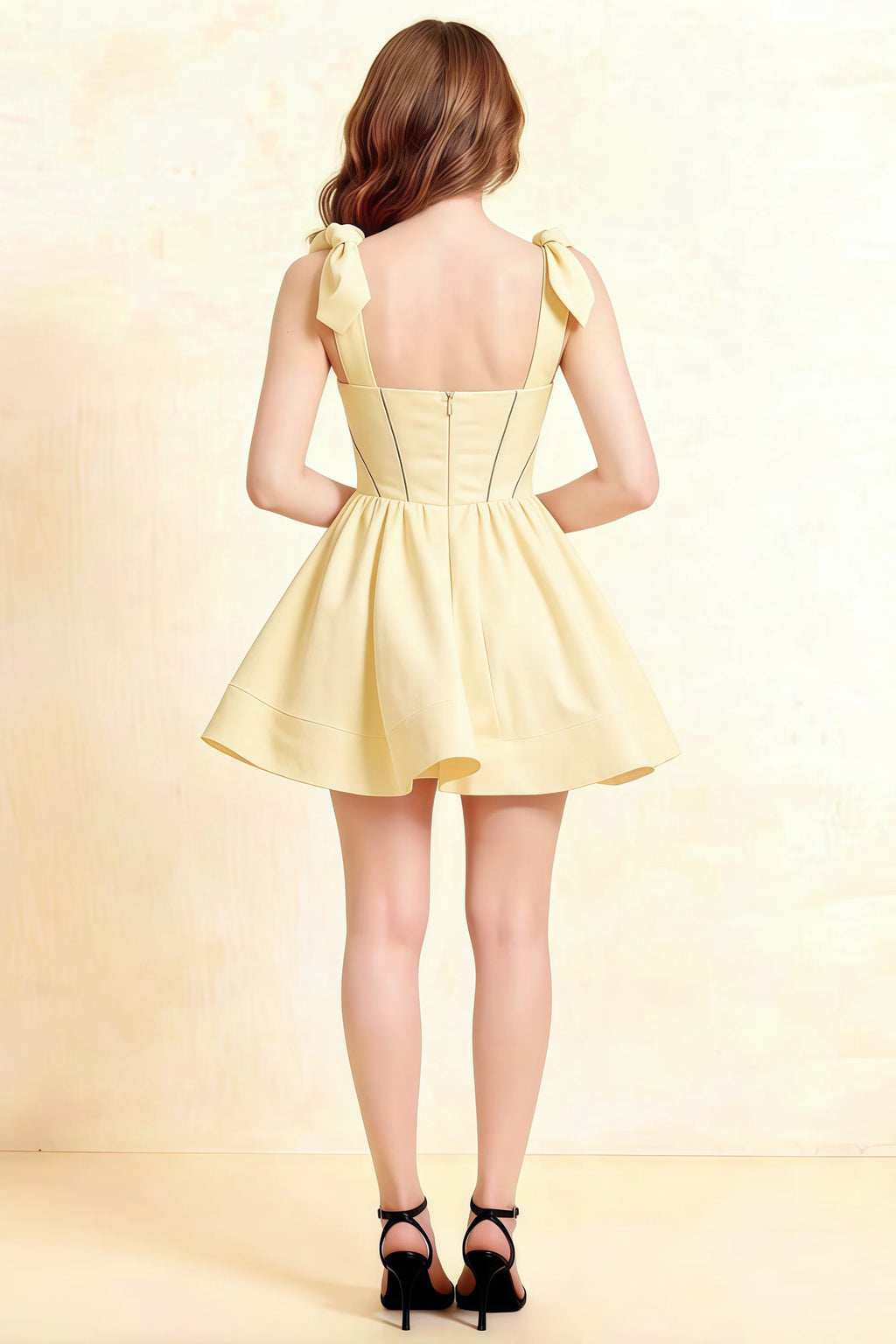 LVLVS Cassandra Lemon Bow Straps Mini Skater Dress Square Neckline Stretch Crepe Prom Semi - Formal Back View