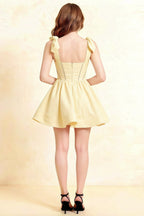 LVLVS Cassandra Lemon Bow Straps Mini Skater Dress Square Neckline Stretch Crepe Prom Semi - Formal Back View