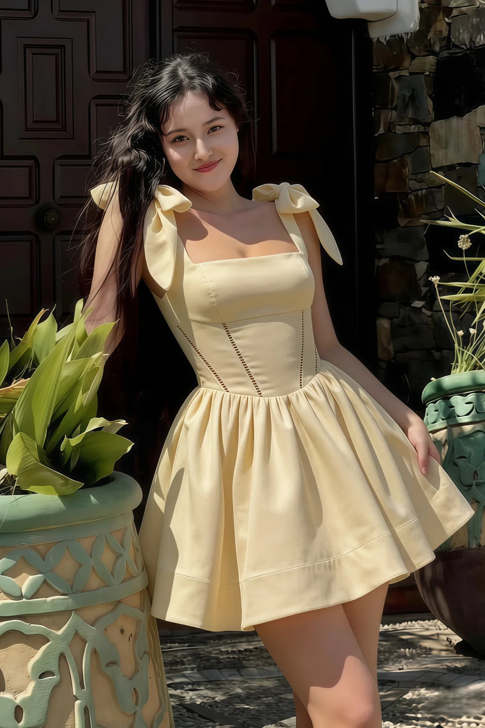 Customer Wearing LVLVS Cassandra Lemon Bow Straps Mini Skater Dress Square Neckline Stretch Crepe Going Out Summer Brunch