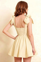 LVLVS Cassandra Lemon Bow Straps Mini Skater Dress Square Neckline Stretch Crepe Formal Wedding Guest Evening Event Back Detail