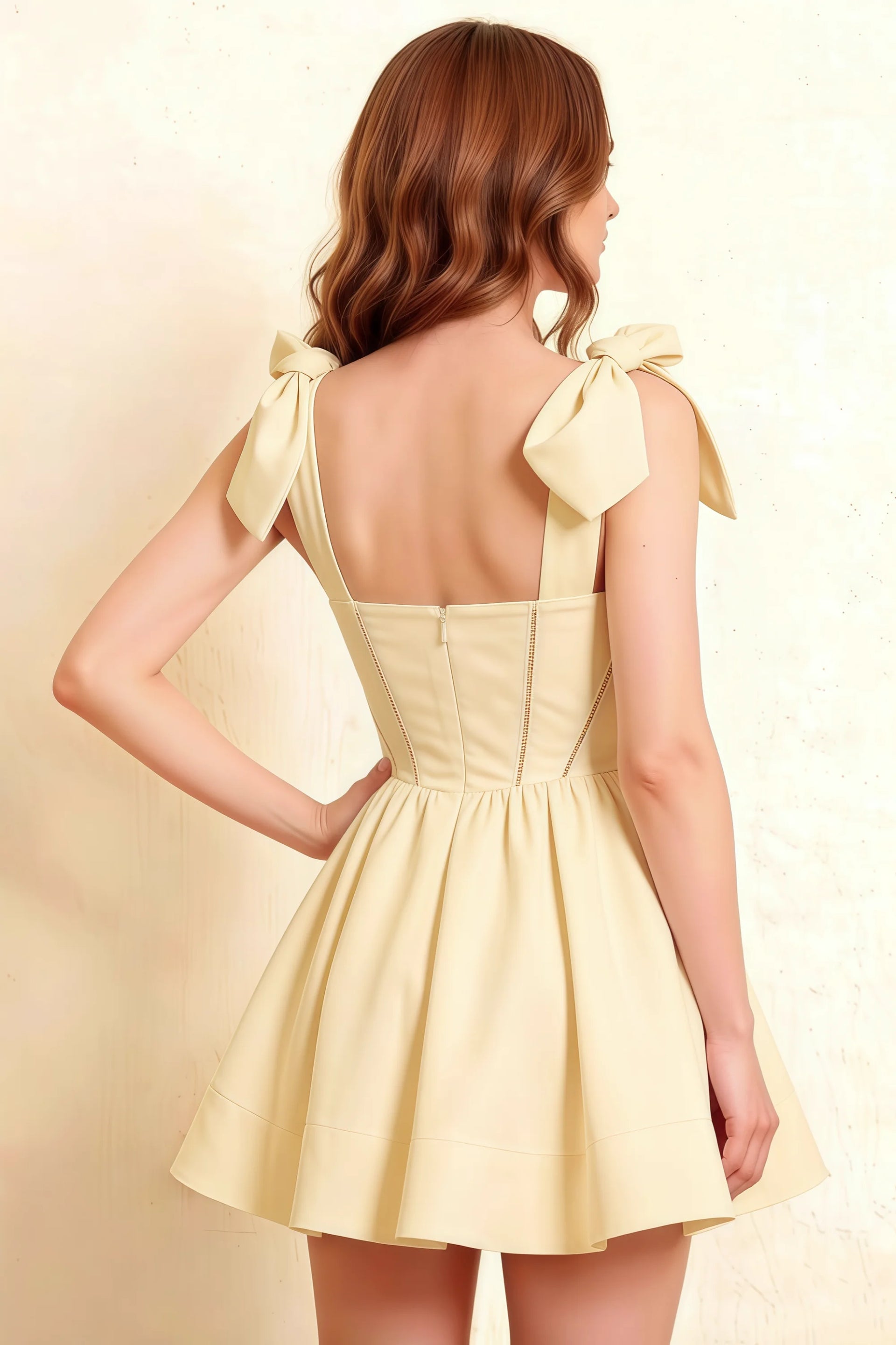 LVLVS Cassandra Lemon Bow Straps Mini Skater Dress Square Neckline Stretch Crepe Formal Wedding Guest Evening Event Back Detail