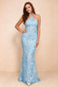 Vestido largo de sirena Cassandra azul claro con escote halter y flores 3D
