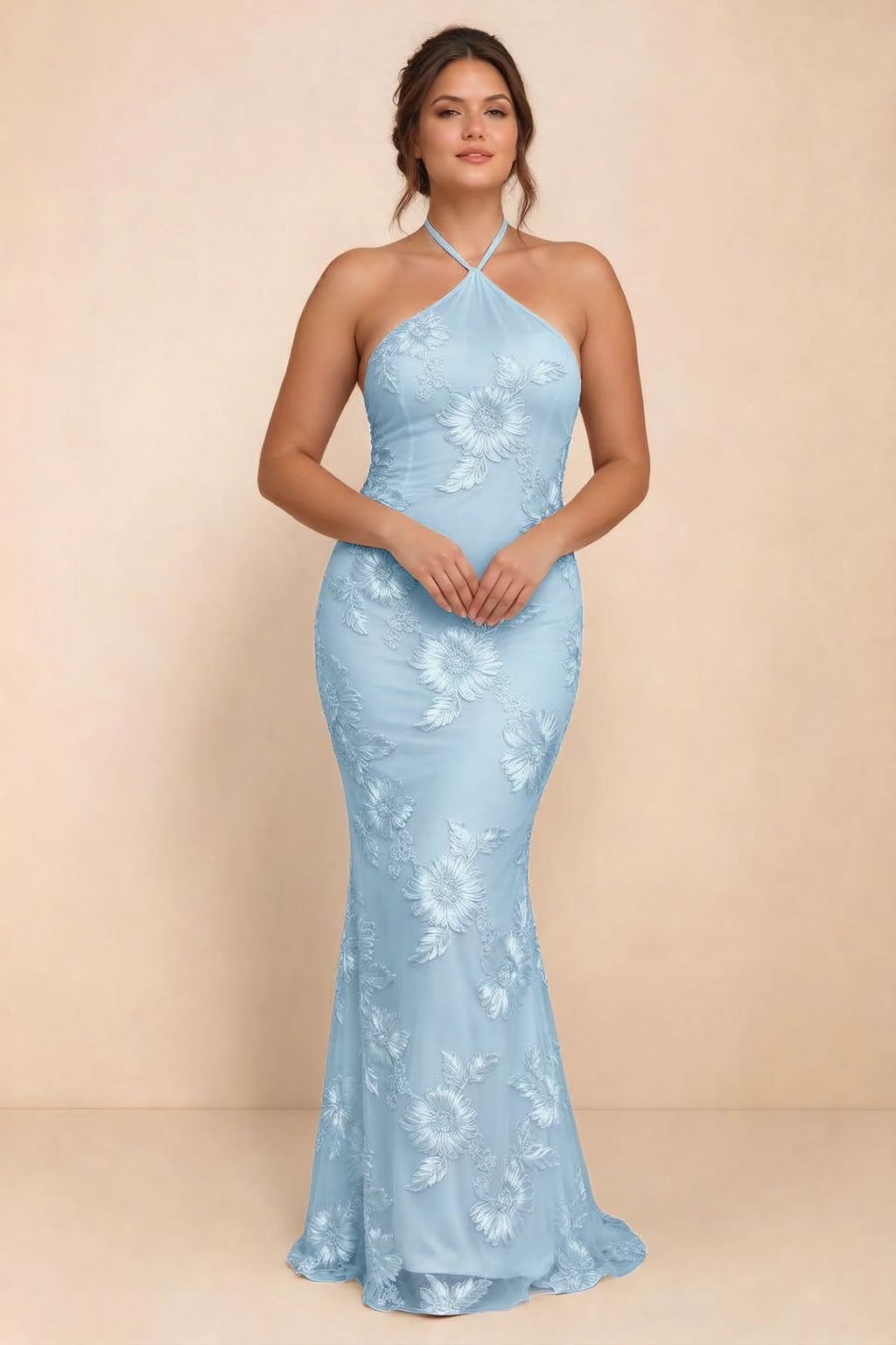 Vestido largo de sirena Cassandra azul claro con escote halter y flores 3D