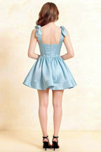 LVLVS Cassandra Dress Light Blue Stretch Crepe Square Neck Bow Straps Mini Skater Dress Open Back Design for Prom Semi Formal Wedding Guest Evening Event