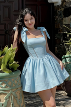 Customer Wearing LVLVS Cassandra Light Blue Stretch Crepe Square Neck Bow Straps Mini Skater Dress for Brunch Casual Day Outdoor Garden Party