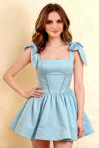LVLVS Cassandra Dress Light Blue Stretch Crepe Square Neck Bow Straps Mini Skater Dress Corset Waist Detail for Cocktail Classy Homecoming Party
