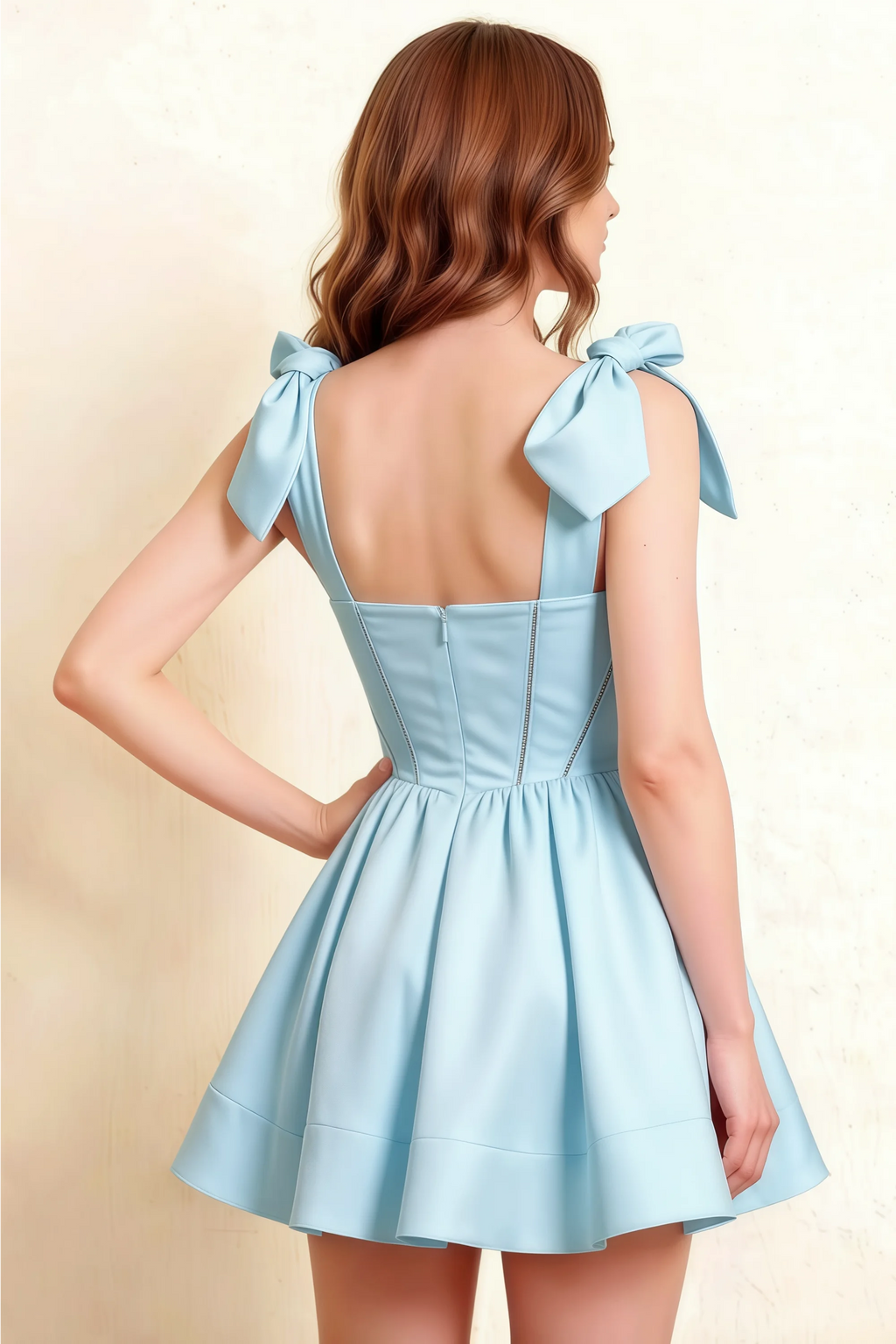 LVLVS Cassandra Dress Light Blue Stretch Crepe Square Neck Bow Straps Mini Skater Dress Corset Back Open Design for Prom Semi Formal Wedding Guest