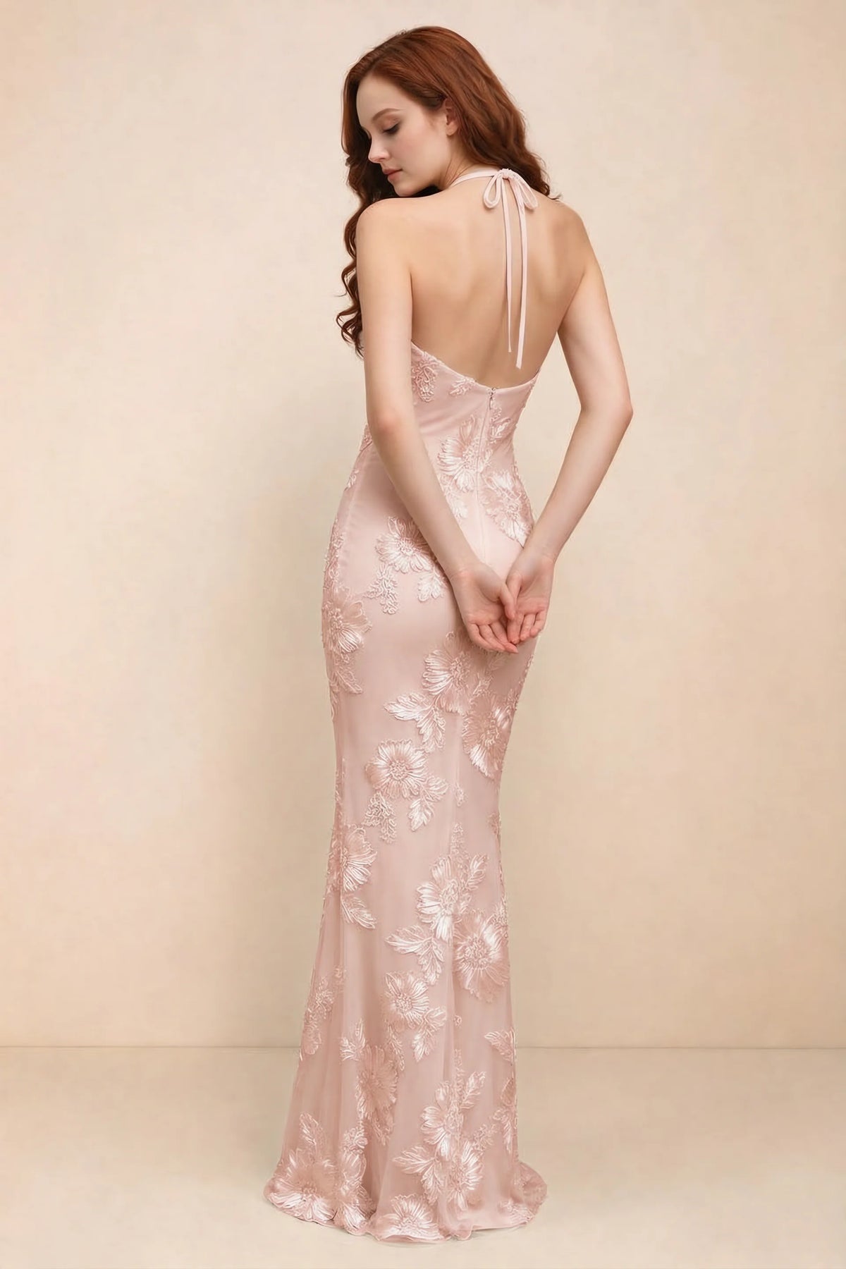 Cassandra Light Pink 3D Floral Halter Mermaid Maxi Dress