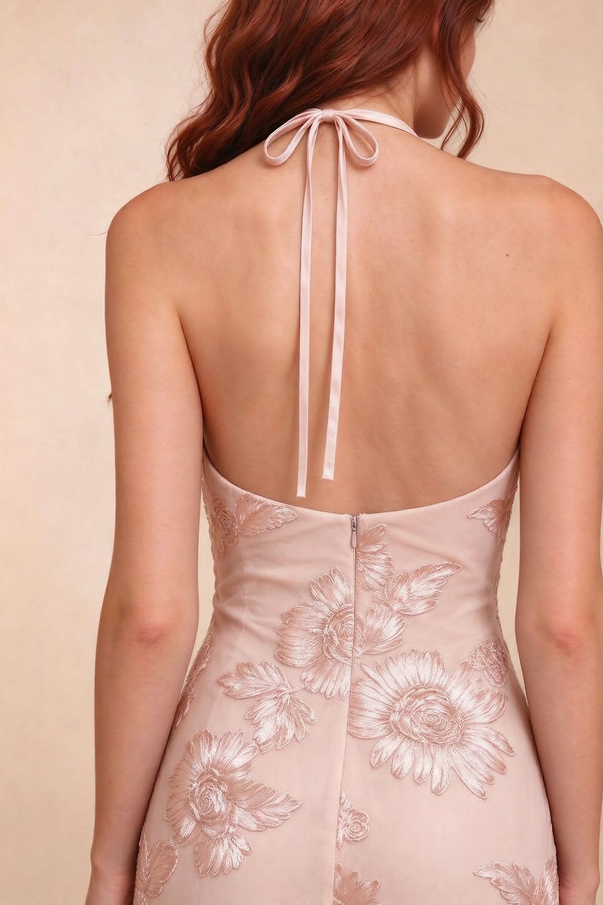 Cassandra Light Pink 3D Floral Halter Mermaid Maxi Dress