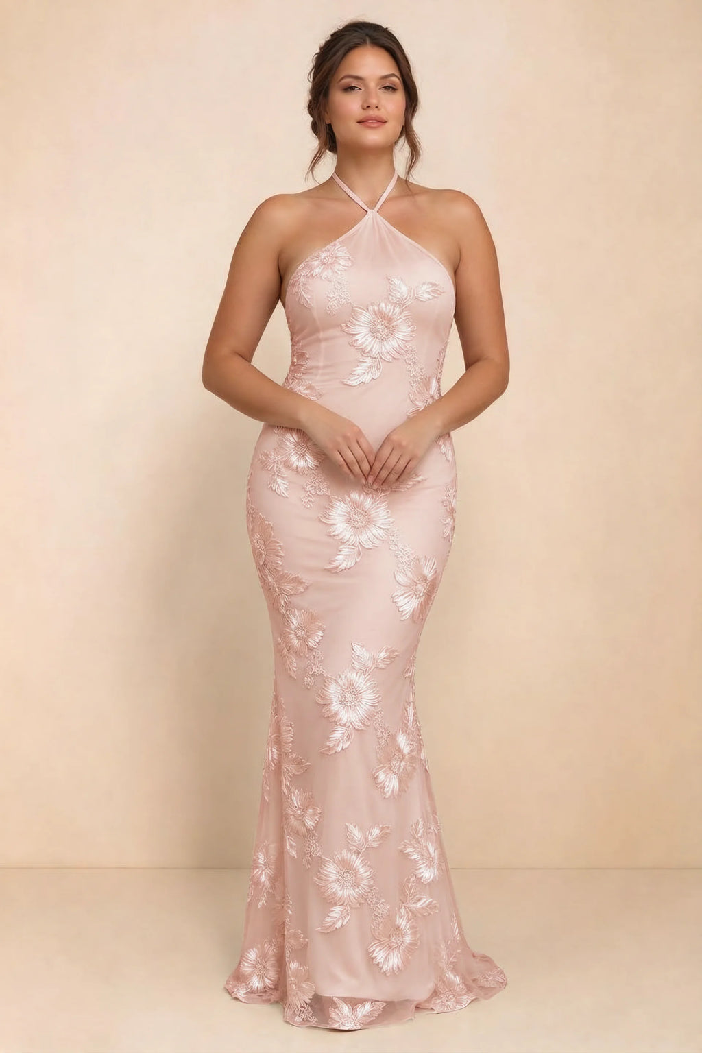 Cassandra Light Pink 3D Floral Halter Mermaid Maxi Dress