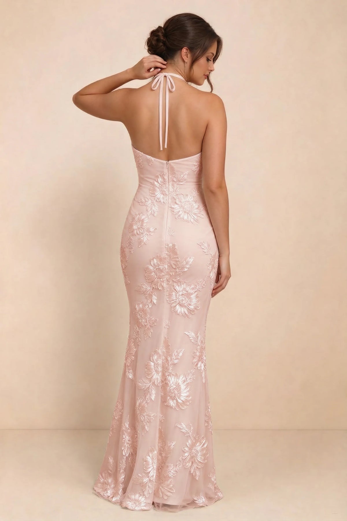 Cassandra Light Pink 3D Floral Halter Mermaid Maxi Dress