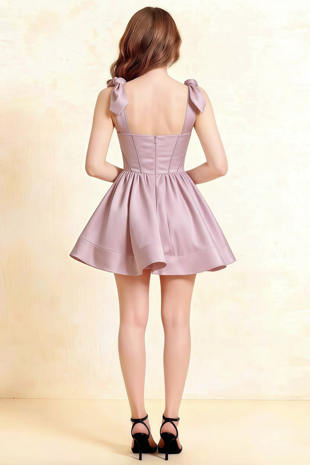 Back View of LVLVS Cassandra Lilac Bow Strap Mini Dress | Flattering Corset Back Design for Prom, Formal Events and Special Occasions