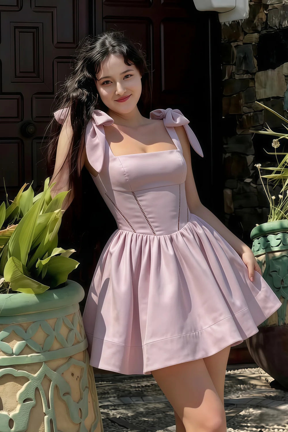 Asian Woman Wearing LVLVS Cassandra Lilac Dress for Day Out | Casual Chic Short Prom Dress for Brunch, Shopping and City Strolls