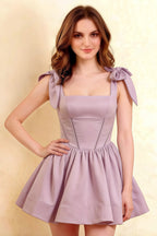 Close Up of LVLVS Cassandra Lilac Square Neck Dress | Stretch Crepe Formal Mini Dress for Birthday Celebration and Classy Events