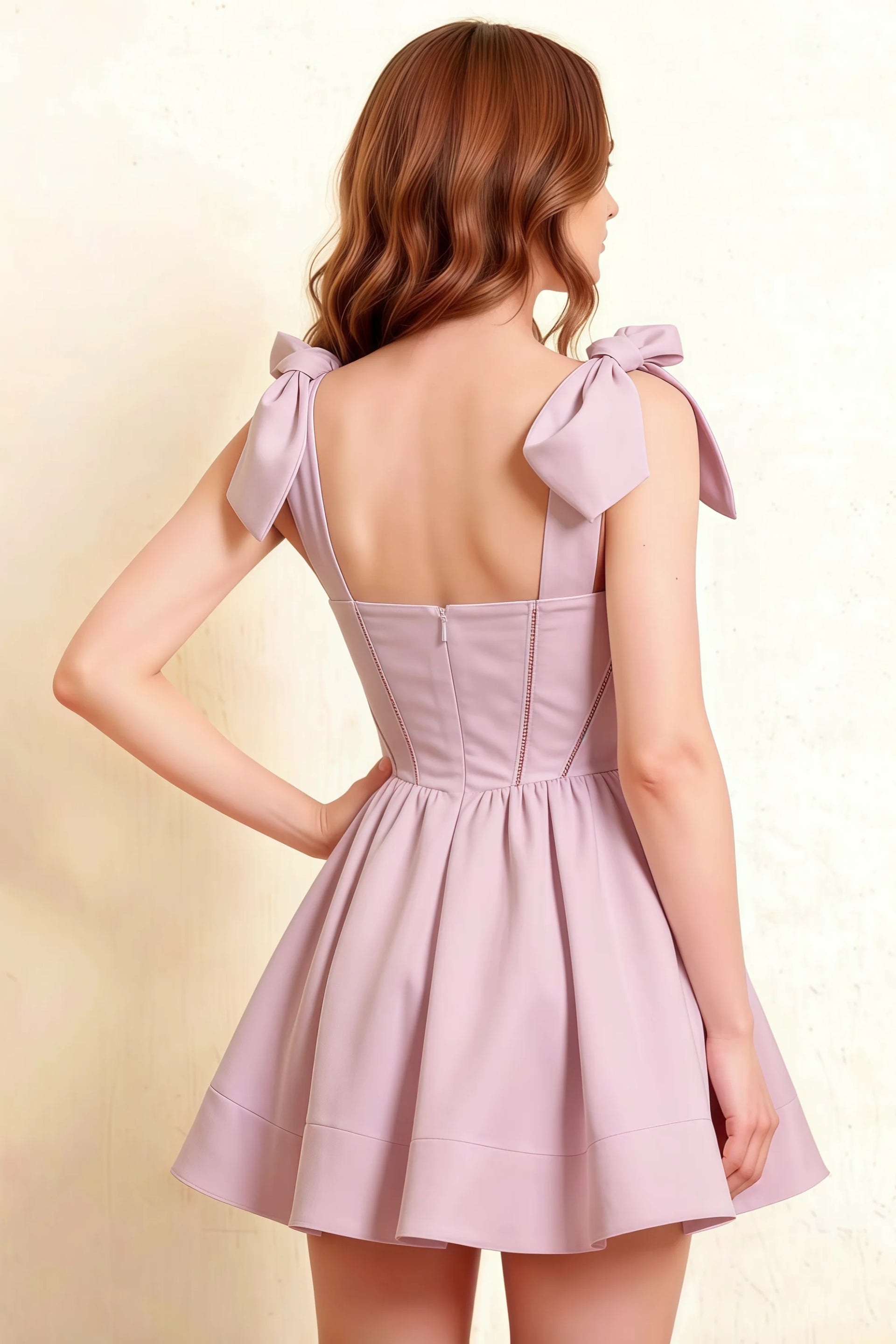 Model Wearing LVLVS Cassandra Lilac Corset Back Dress at Photoshoot | Sophisticated Semi-Formal Guest Dress for Wedding and Dance