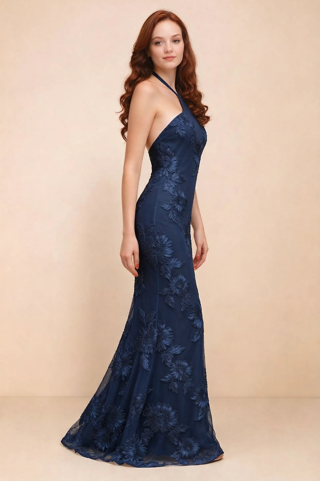 Cassandra Navy 3D Floral Halter Mermaid Maxi Dress