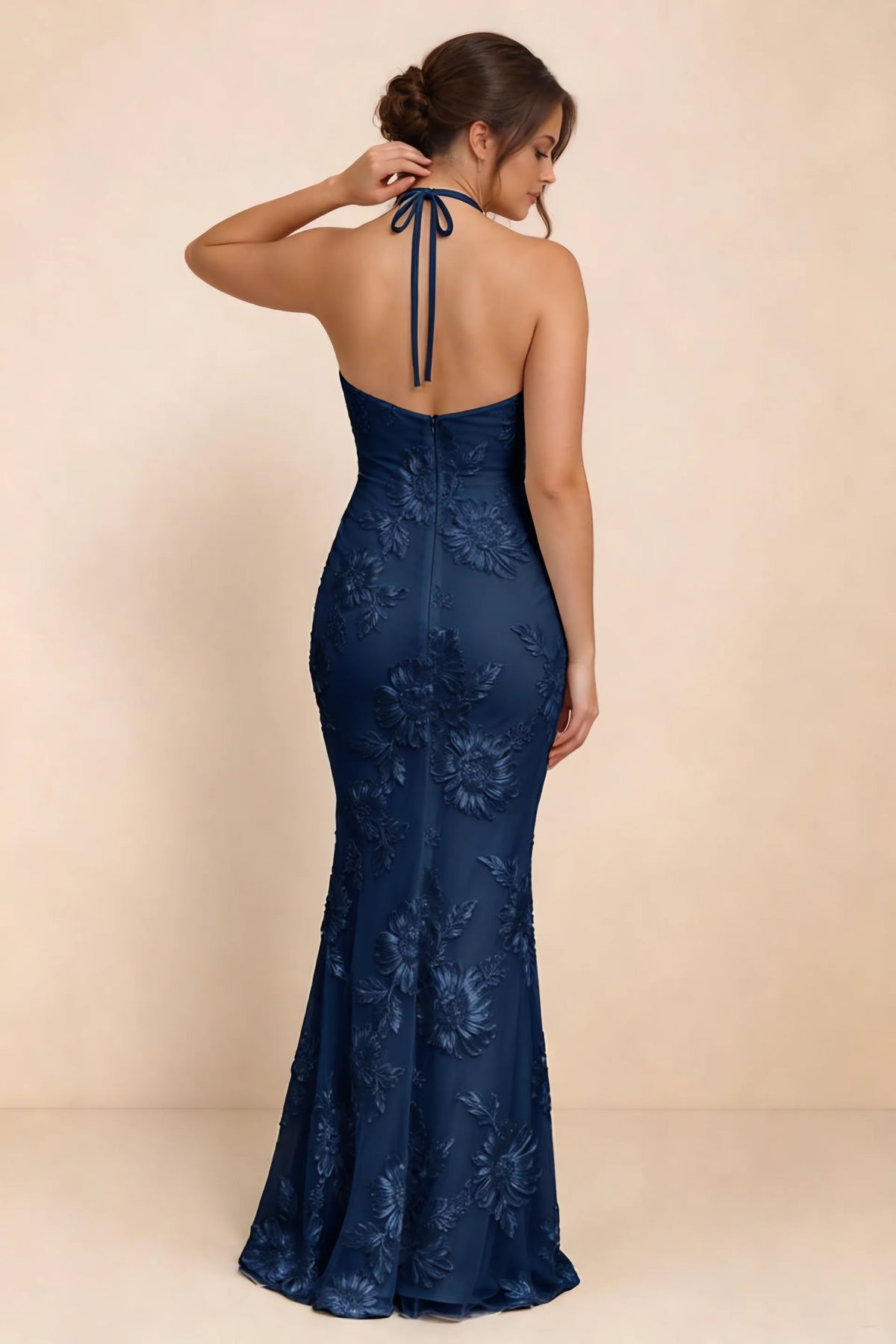 Cassandra Navy 3D Floral Halter Mermaid Maxi Dress