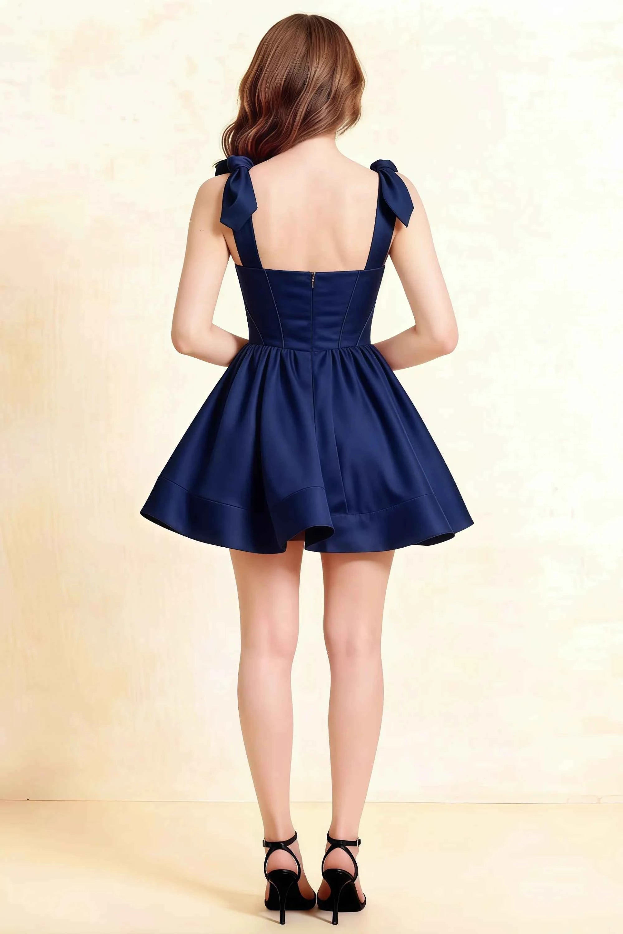 Cassandra Navy Bow Straps Mini Skater Dress with Square Neckline Imagen secundaria del producto
