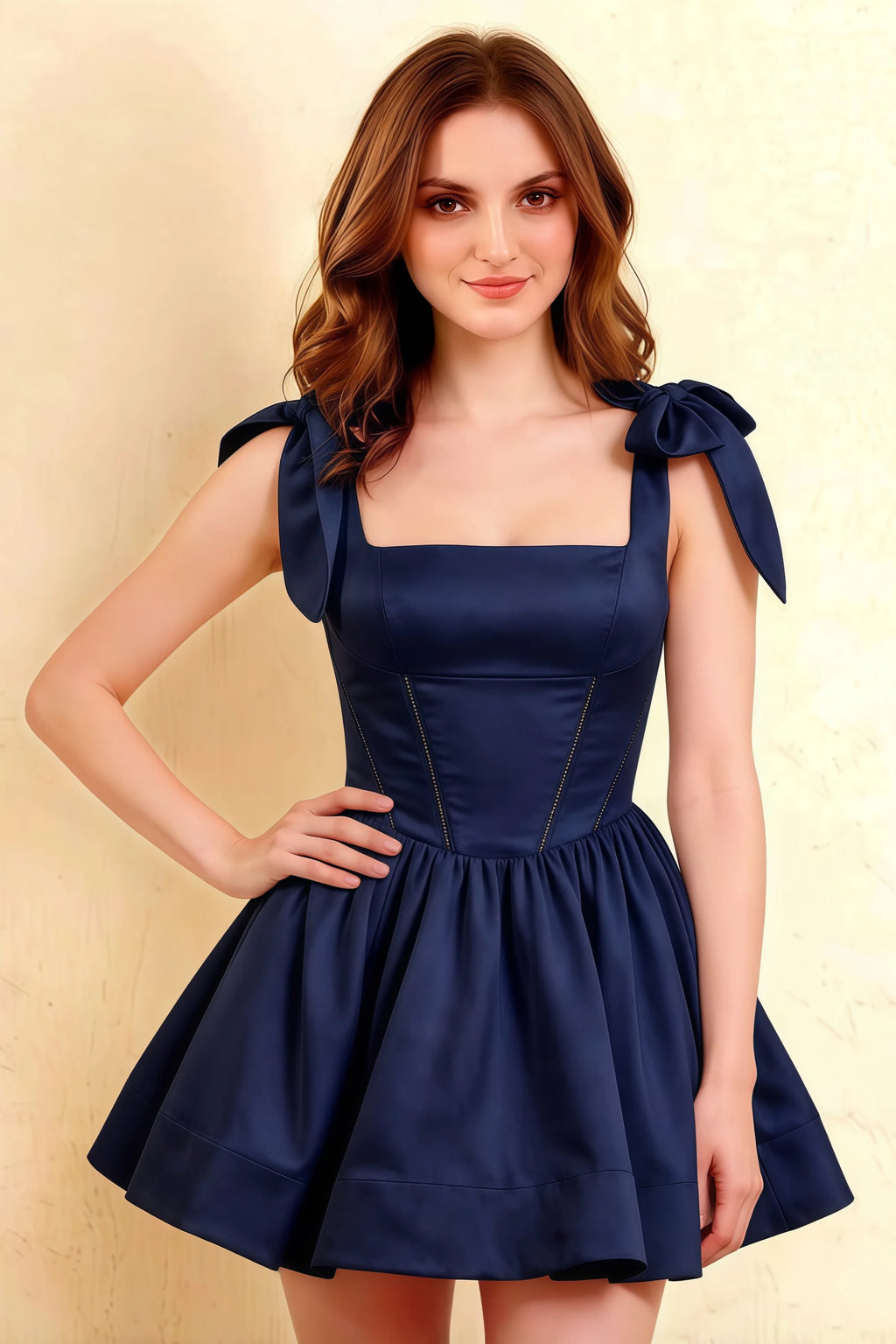 Close Up of LVLVS Cassandra Navy Square Neckline Dress with Big Bow Straps for Prom and Semi-Formal Occasions