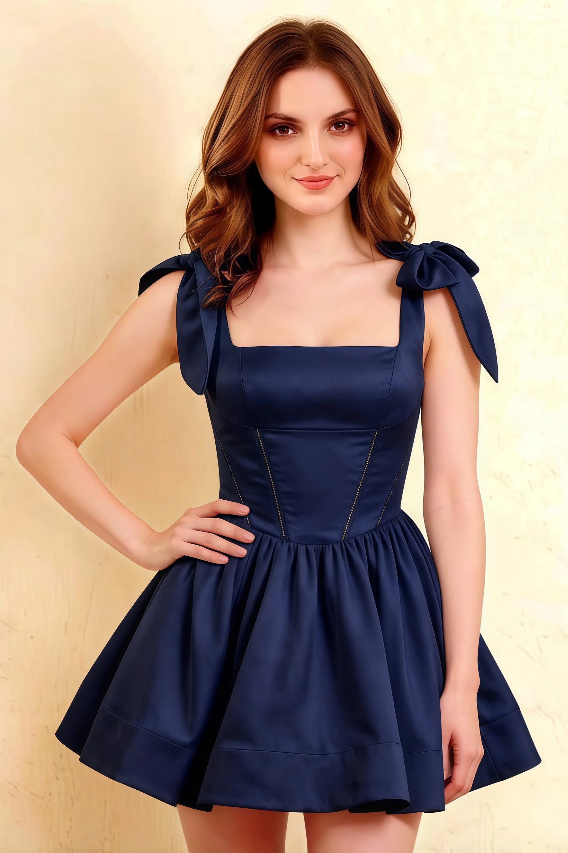 Close Up of LVLVS Cassandra Navy Square Neckline Dress with Big Bow Straps for Prom and Semi-Formal Occasions