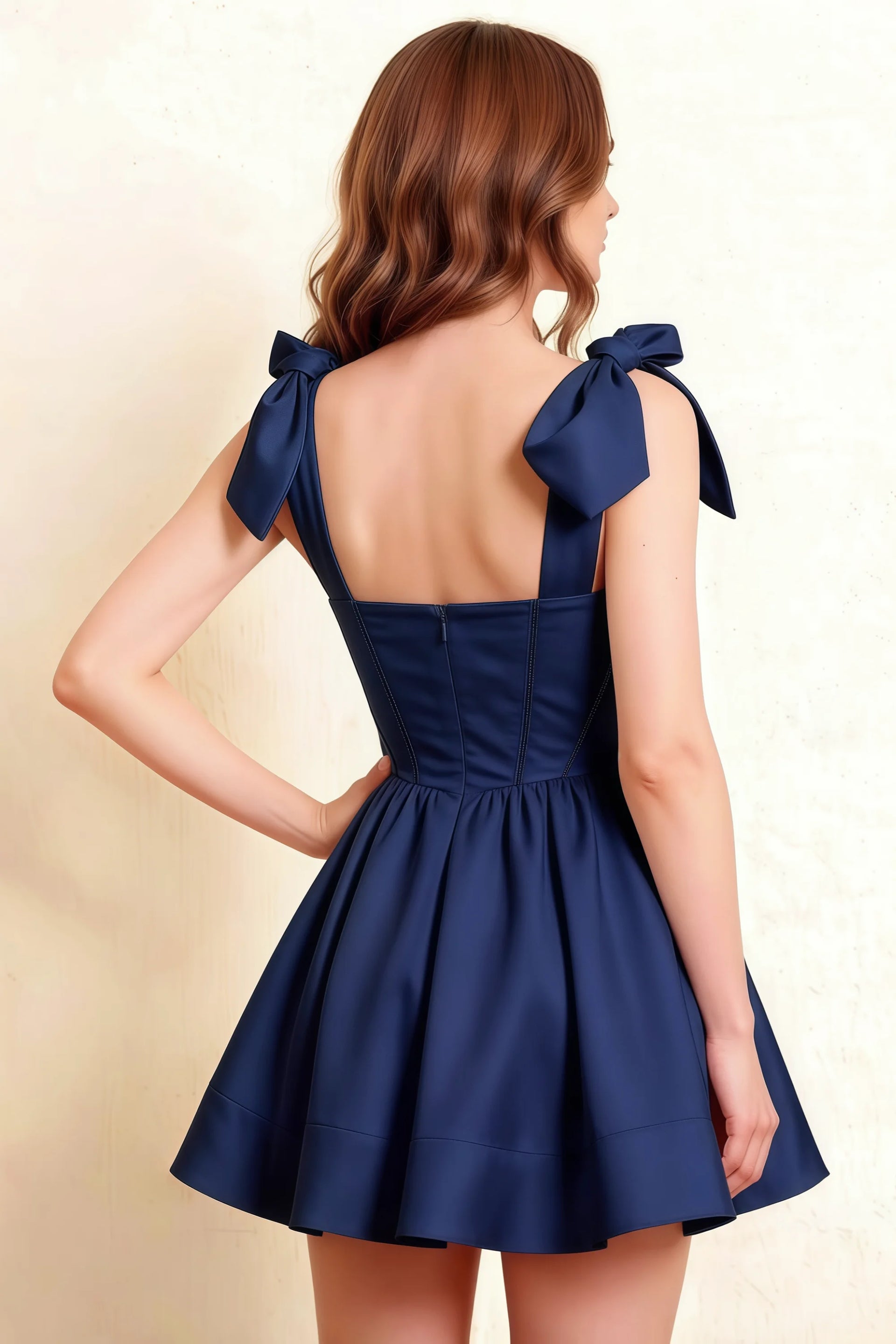 LVLVS Cassandra Navy Crepe Dress Detail Shot Showing Back Cutout and Bow Ties for Wedding Guest