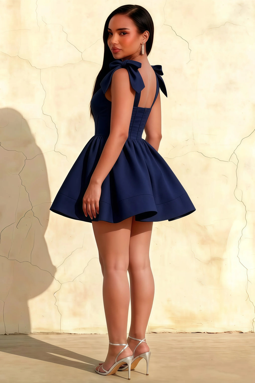 Back View of Plus Size LVLVS Cassandra Navy Bow Dress, Flattering Fit for Special Occasions and Club Nights