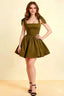 LVLVS Women's Olive Stretch Crepe Cassandra Dress with Bow Straps, Square Neckline & Flared Skirt | Vintage Cocktail Party Mini Dress