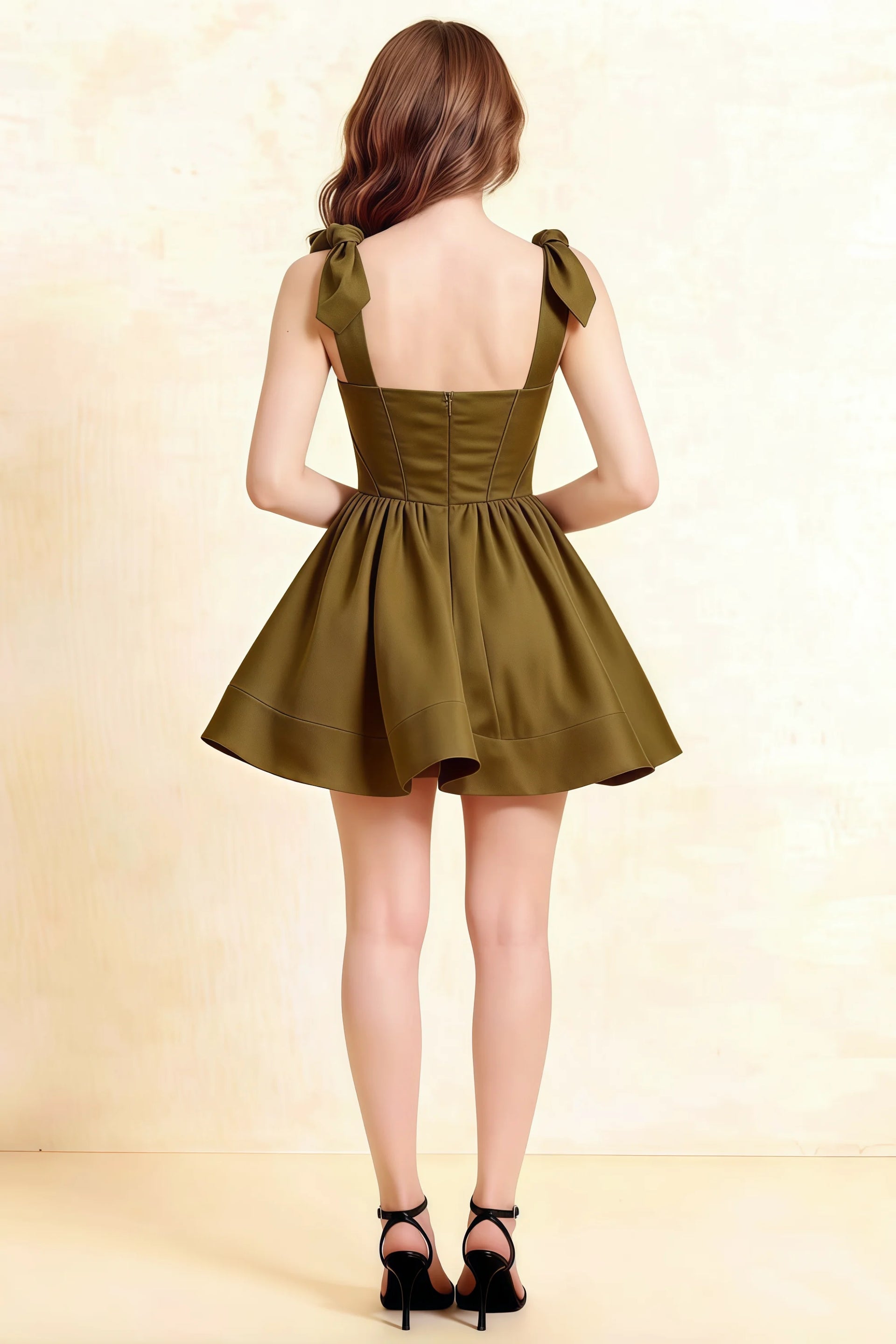 Back View LVLVS Cassandra Olive Mini Skater Dress, Square Neck Bow Shoulder Strap Detail & Open Back Design for Formal Event