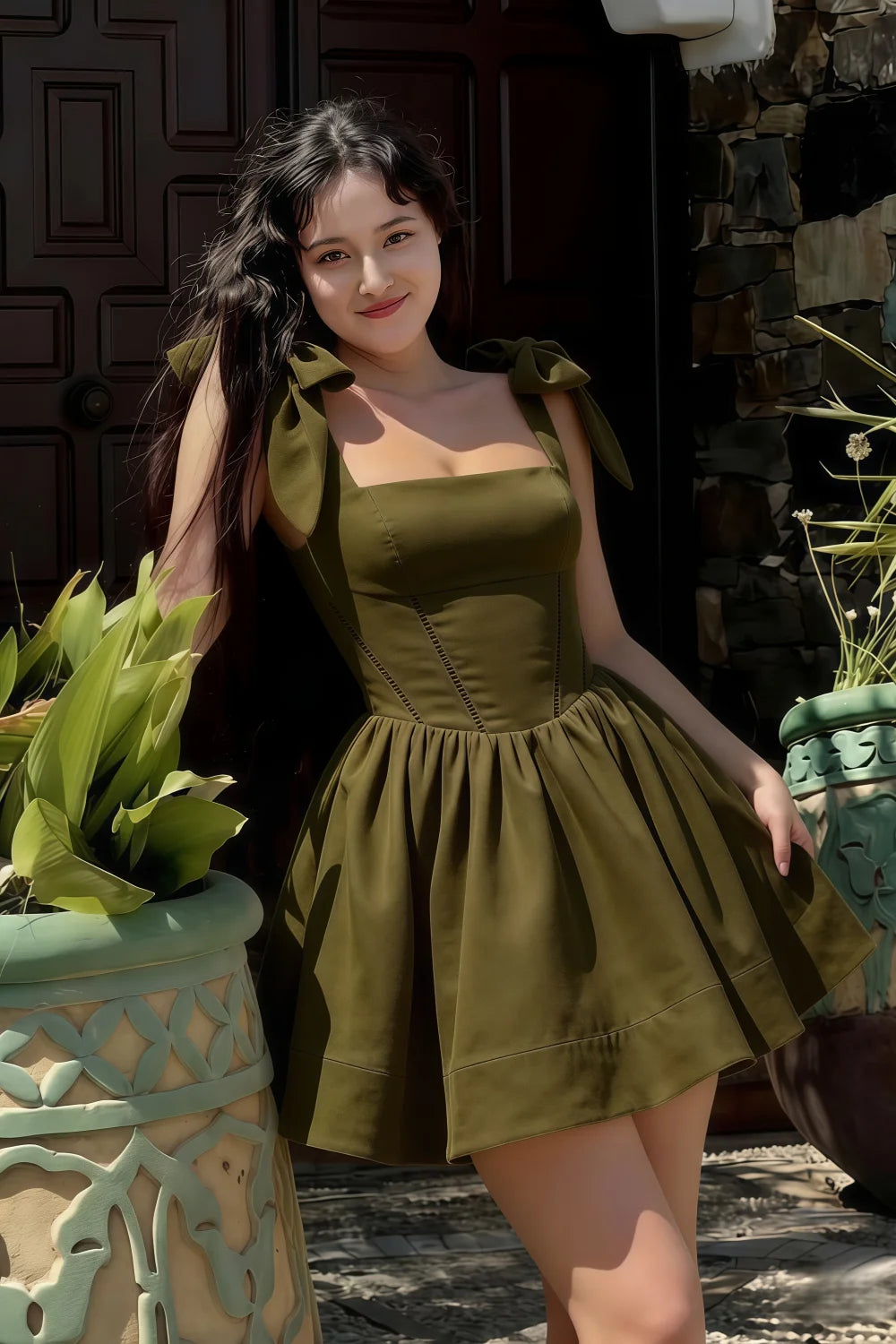 Customer Wearing LVLVS Olive Cassandra Dress to Garden Brunch, Real Life Photo Showing Fit and Stretch Crepe Fabric in Natural Light