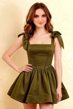 Close-Up Details LVLVS Cassandra Olive Dress, Structured Square Neckline, Tie Shoulder Bows & Stretch Crepe Bodice Construction
