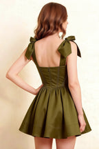 Seamed Back Design LVLVS Olive Skater Dress, Corset Style Boning Detail and Adjustable Bow Straps for Semi-Formal Wedding Guest