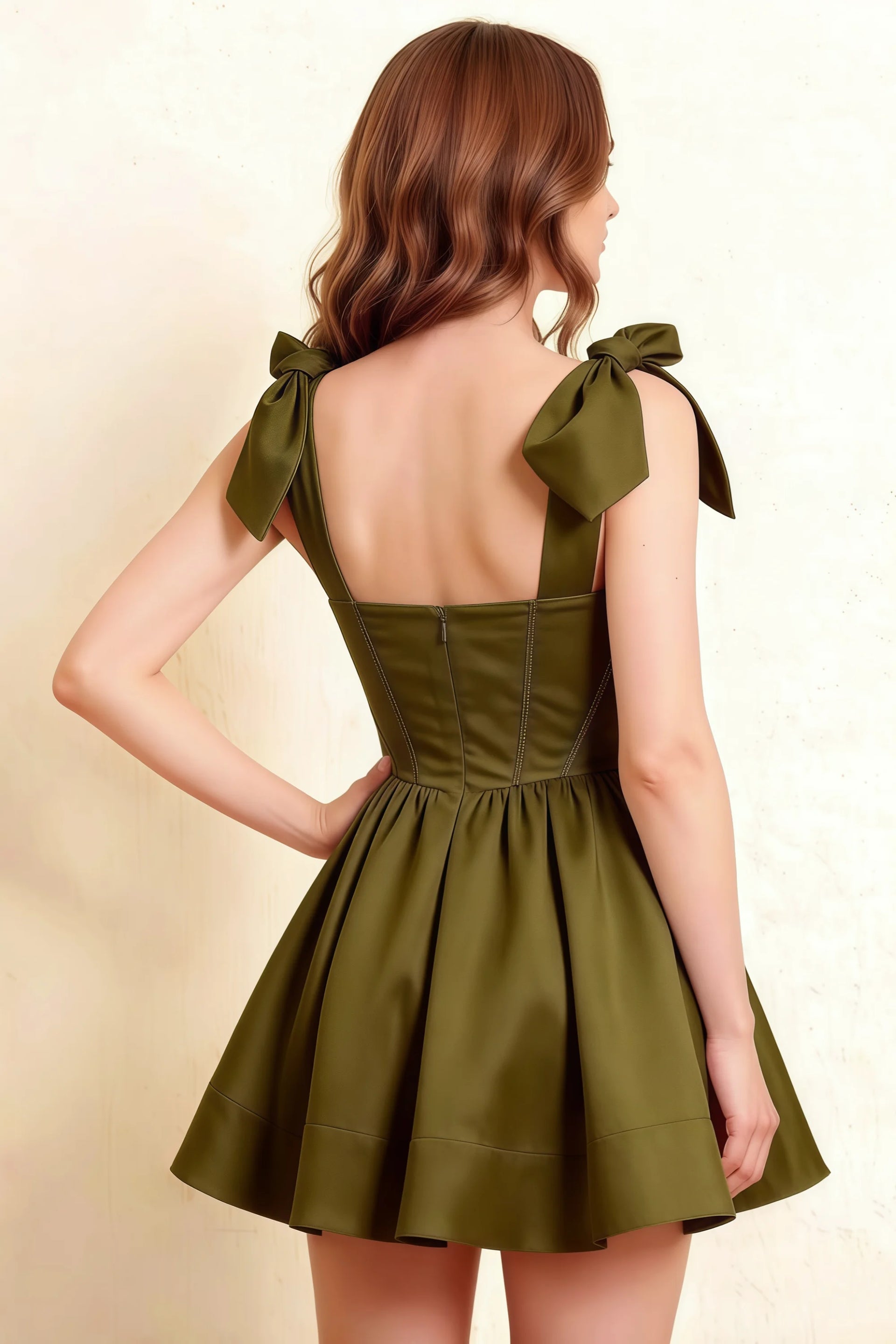 Seamed Back Design LVLVS Olive Skater Dress, Corset Style Boning Detail and Adjustable Bow Straps for Semi-Formal Wedding Guest